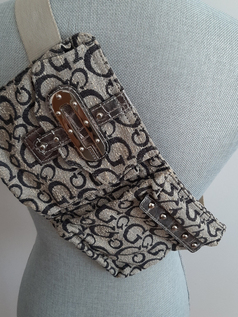 Guess Monogram Canvas Fanny Pack Belt Bag in Beige and Black
